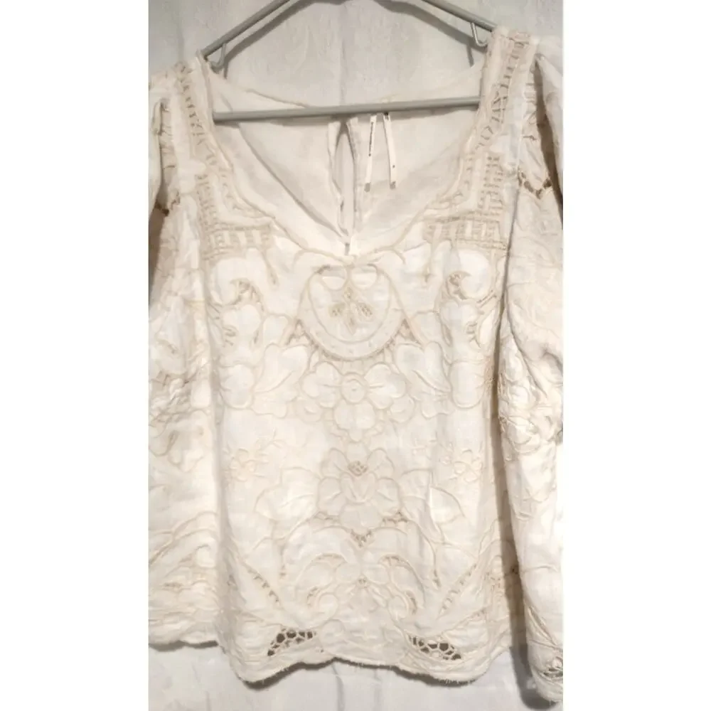 Anthropologie XL Lainie Embroidered Lace Cutwork Blouse Cream Boho Chic Coastal - Picture 2 of 10